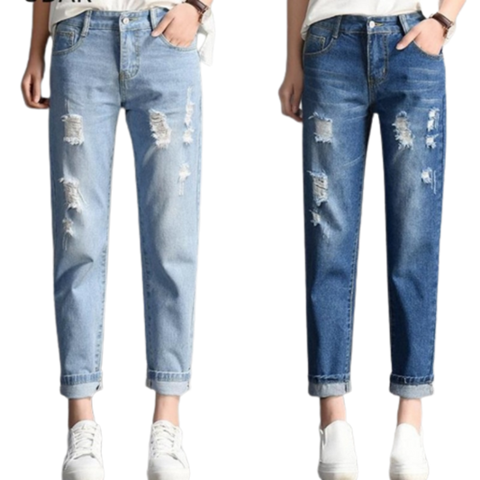 Trendy and Sexy  Women Fashion Mid Waist Boyfriend Big Ripped Hole Jeans - Casual High Street Denim Pants for Vintage Style