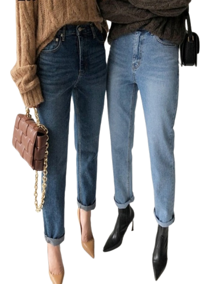 Stylish Streetwear Vintage Women's Denim Blue Jeans - Autumn Winter High Waist Loose Trousers - Straight Leg Jeans Pants