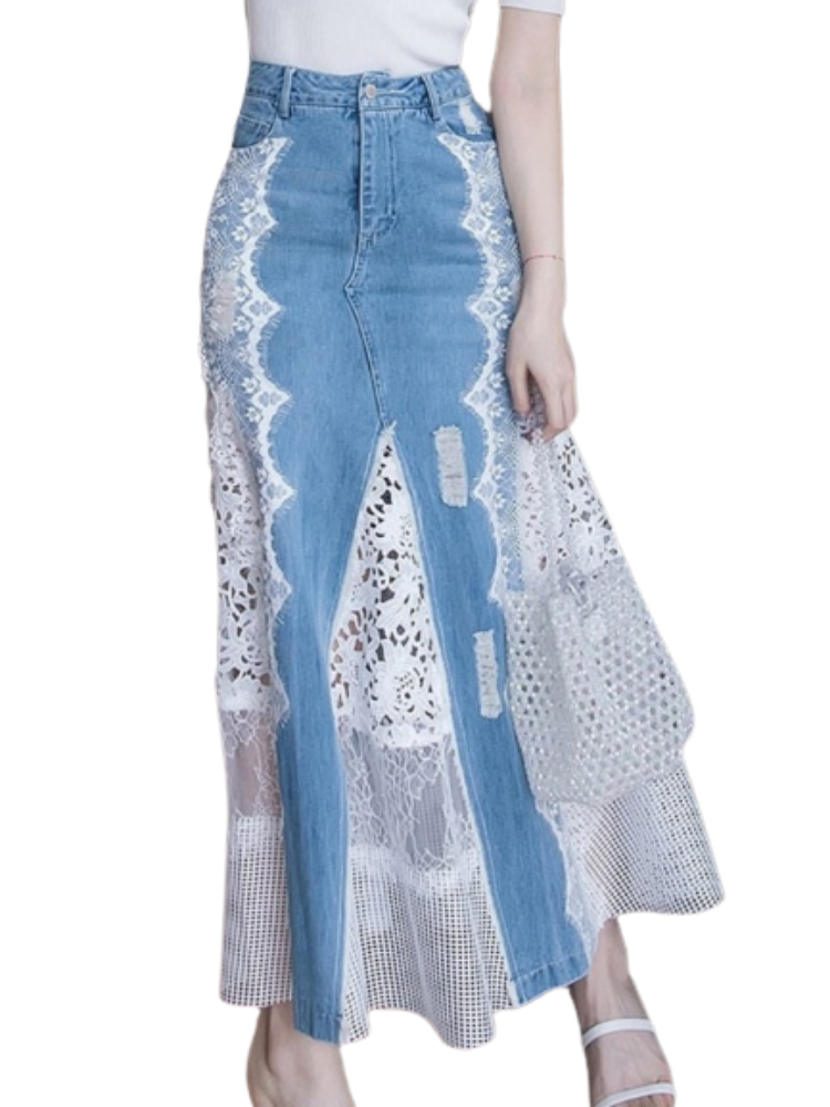 Spring Fashion Long Maxi Denim And Lace Fish Tail Skirt For Women S-2XL Mermaid Style High Waist Summer