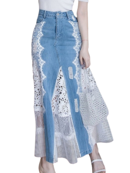 Spring Fashion Long Maxi Denim And Lace Fish Tail Skirt For Women S-2XL Mermaid Style High Waist Summer