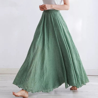 Boho Style Women's High-Waisted Elastic Casual Maxi Skirt in High-Quality Cotton Linen with Pleats - Beach-ready A-Line Skirt