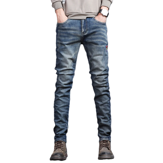 2024 New Spring Summer Men&#39;s Jeans Vintage Blue Solid Color Elastic Classic Jeans Men Slim Fashion Denim Trousers Male 27-38