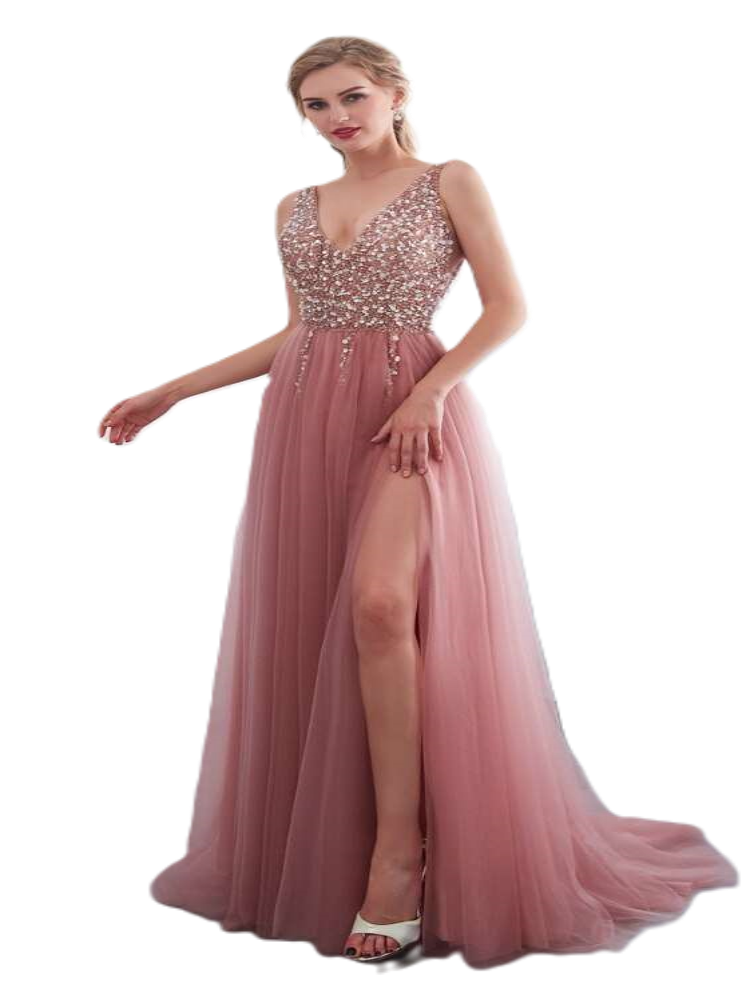 Beading Prom cocktail  Dresses 2023 Plus Size Pink High Split Tulle Sweep Train Sleeveless Evening Gown A-line Lace Up Backless Vestido De