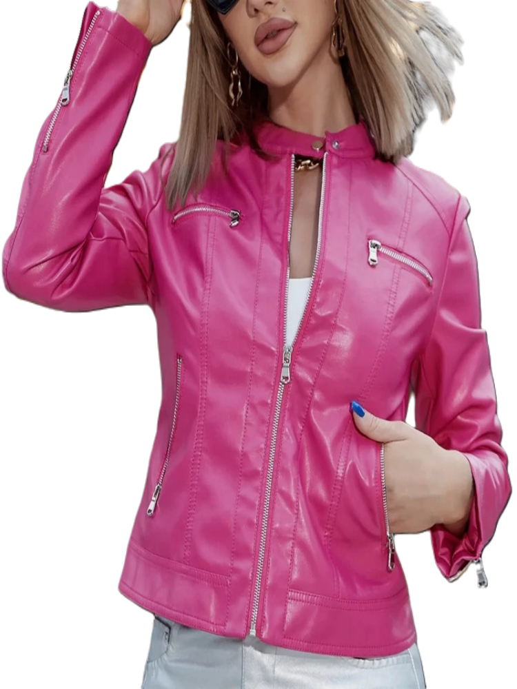 PU Leather Motorcycle Jacket 2024 Women's Fashion Trend Analog Collar Zip Up Jacket For Women Hot Pink Black Brown Autumn Coat