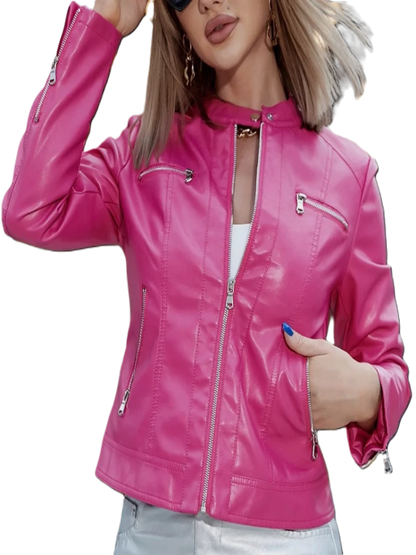 PU Leather Motorcycle Jacket 2024 Women's Fashion Trend Analog Collar Zip Up Jacket For Women Hot Pink Black Brown Autumn Coat