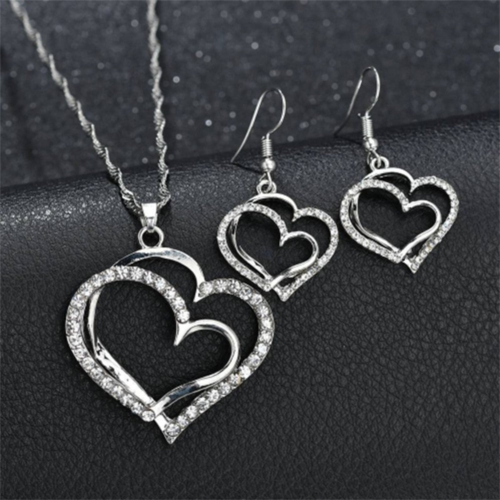 Exquisite Double Heart Necklace Earrings Bracelet Jewellery Gift Set