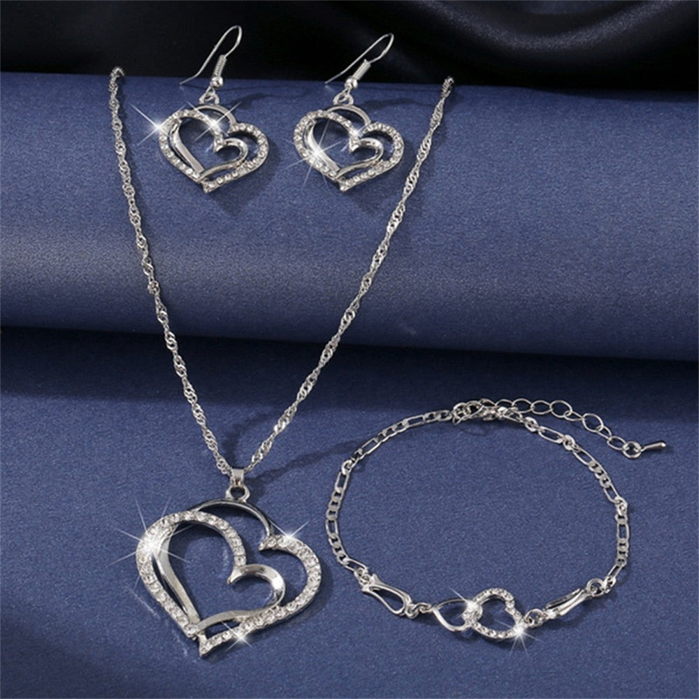 Exquisite Double Heart Necklace Earrings Bracelet Jewellery Gift Set