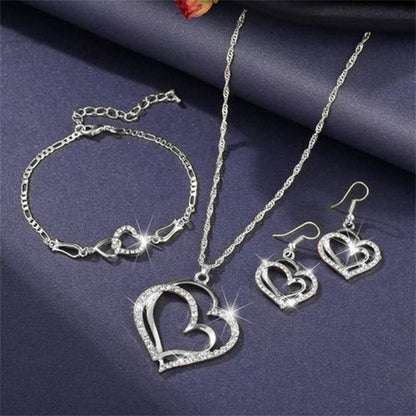 Exquisite Double Heart Necklace Earrings Bracelet Jewellery Gift Set