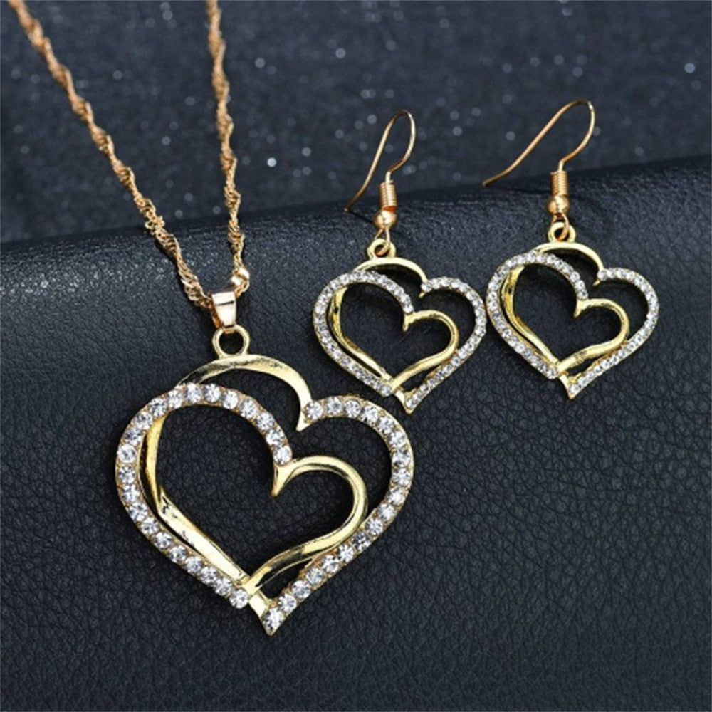 Exquisite Double Heart Necklace Earrings Bracelet Jewellery Gift Set