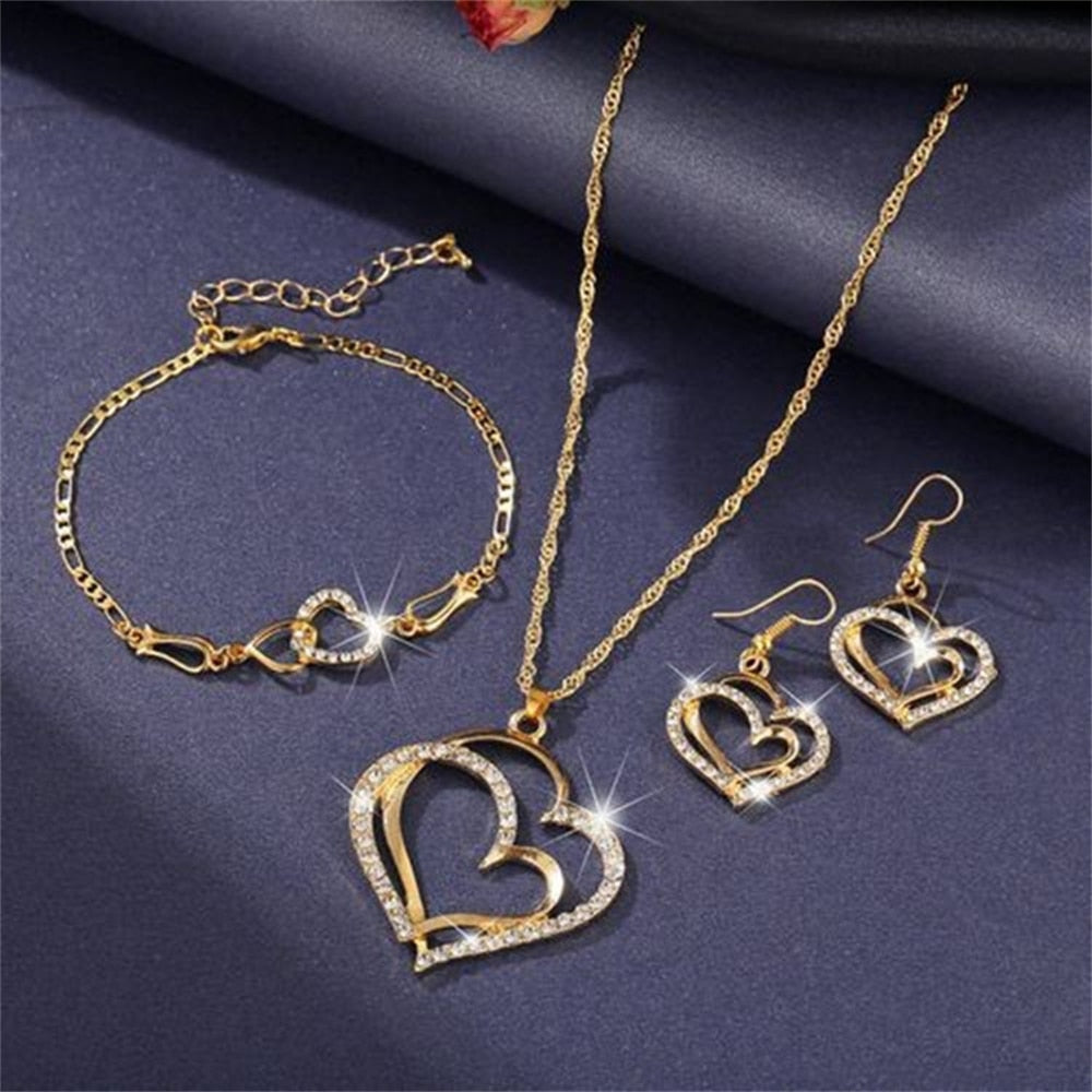 Exquisite Double Heart Necklace Earrings Bracelet Jewellery Gift Set