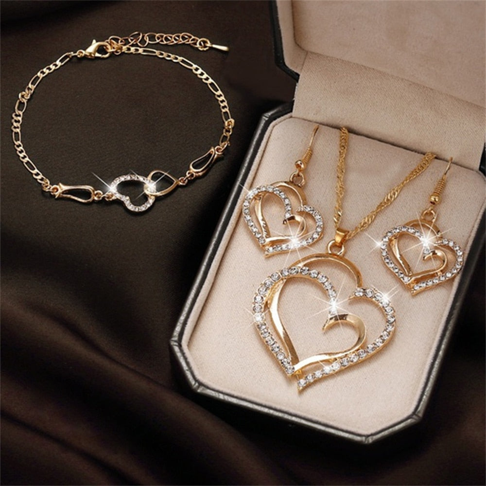 Exquisite Double Heart Necklace Earrings Bracelet Jewellery Gift Set