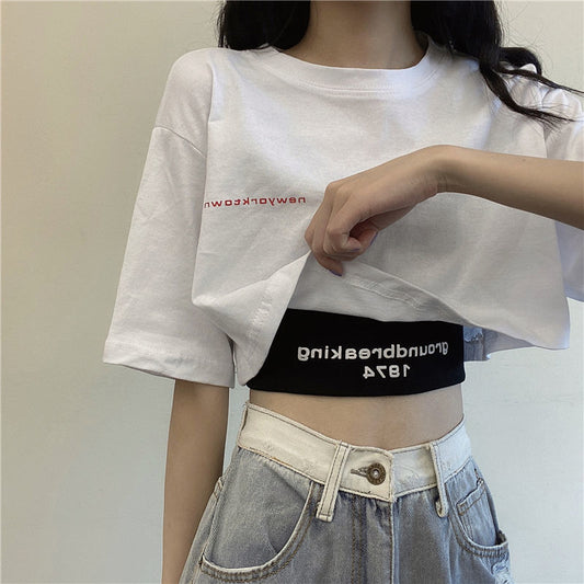 White Short Sleeved T-shirt Women Summer New Short High Waist Loose Crop Top Casual Basic Dancing Tees