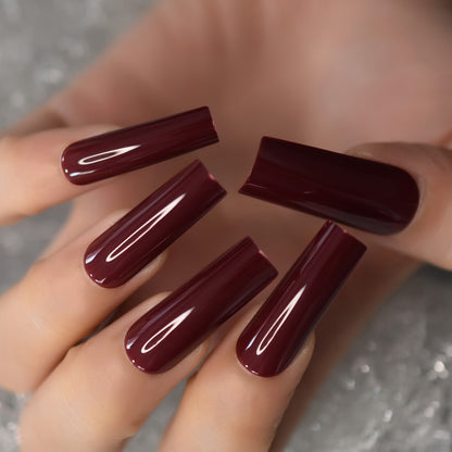 Extra Long Nail Tips Burgundy Red Wine Straight Tapered Square Full Cover / DIY Nail Art at Home