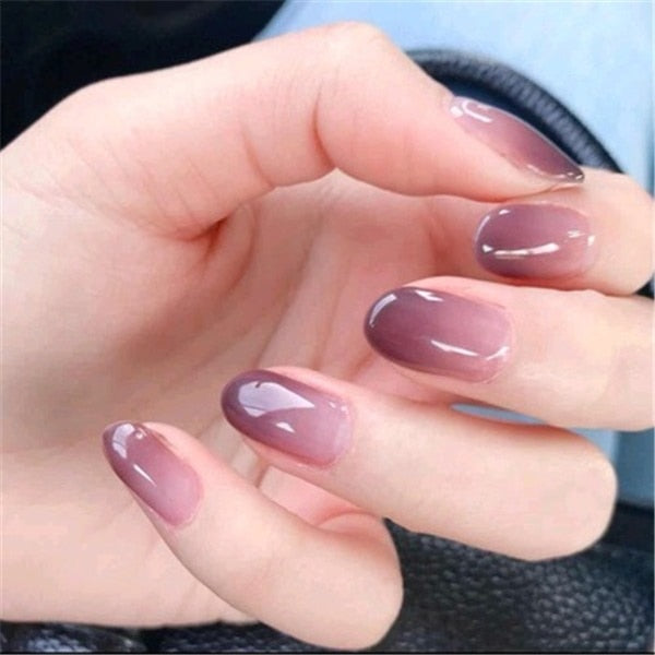 French Short False Nail Full Cover Crystal Elegant Pink Gradient Nails Ellipse Shape