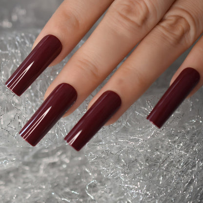 Extra Long Nail Tips Burgundy Red Wine Straight Tapered Square Full Cover / DIY Nail Art at Home