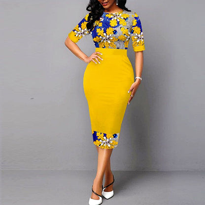 Summer Dress Yellow Elegant Floral Print Sexy Bodycon Dresses