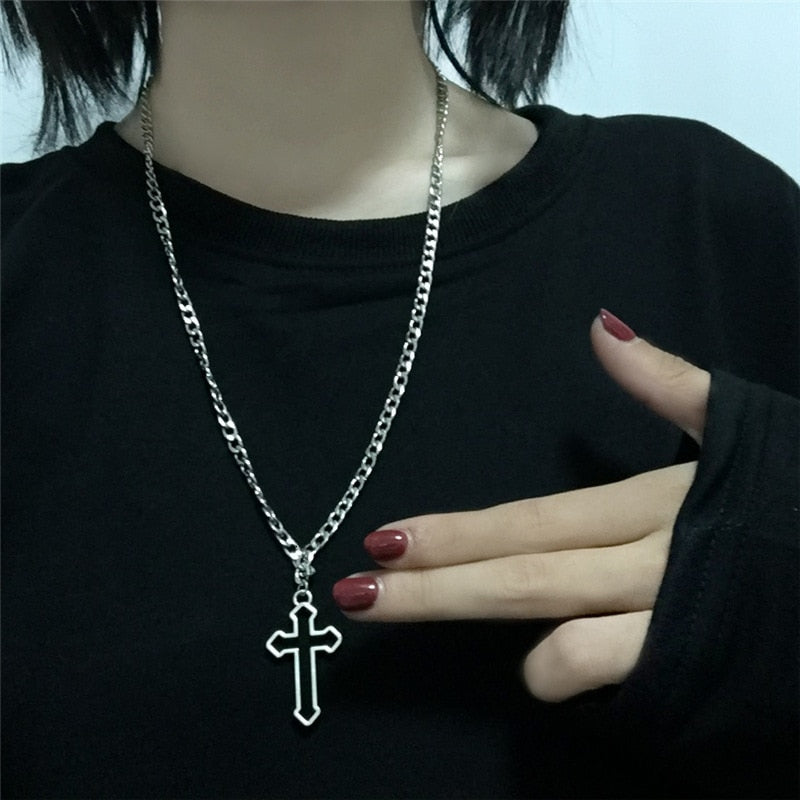 Vintage Gothic Hollow Cross Silver Pendant Necklaces Jewellery