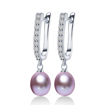 Freshwater White Real Pearl Zircon Drop Silver Earrings