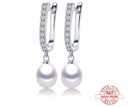 Freshwater White Real Pearl Zircon Drop Silver Earrings