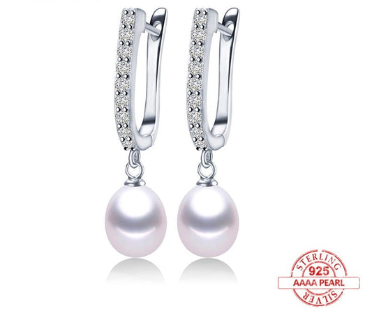 Freshwater White Real Pearl Zircon Drop Silver Earrings