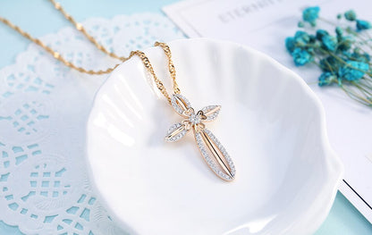 Flower Leaf Cross Trendy Crystal Pendant Necklaces for Women and Girl