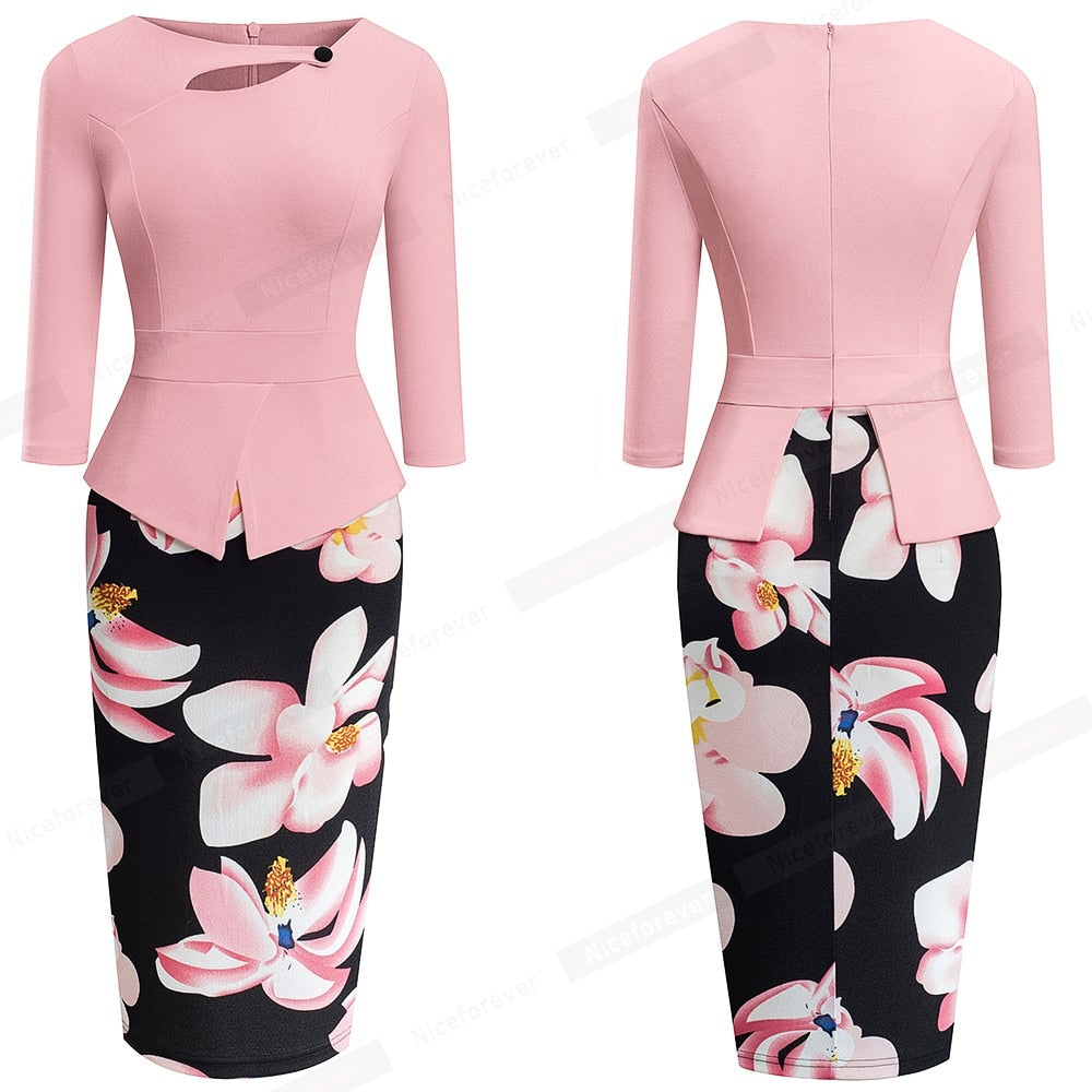 Floral Patchwork Zip Back Bodycon Summer Office Dress