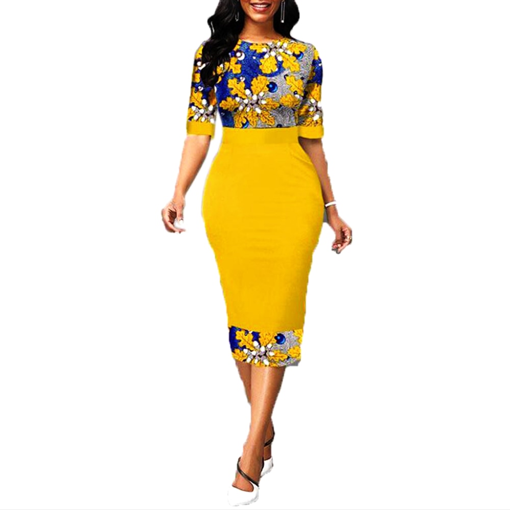 Summer Dress Yellow Elegant Floral Print Sexy Bodycon Dresses