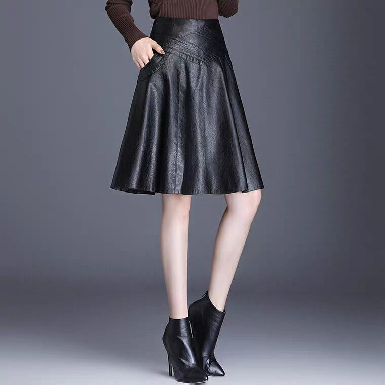 PU Leather Skirt Women's A- line Large-Size Knee-Length High-Waist Pleated Skirt