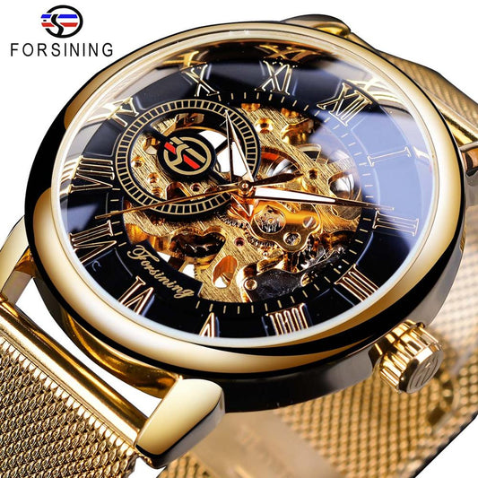 Skeleton Luxury Mechanical Wristwatch | Forsining Transparent Case Fashion 3D Logo Engraving Men's Watch