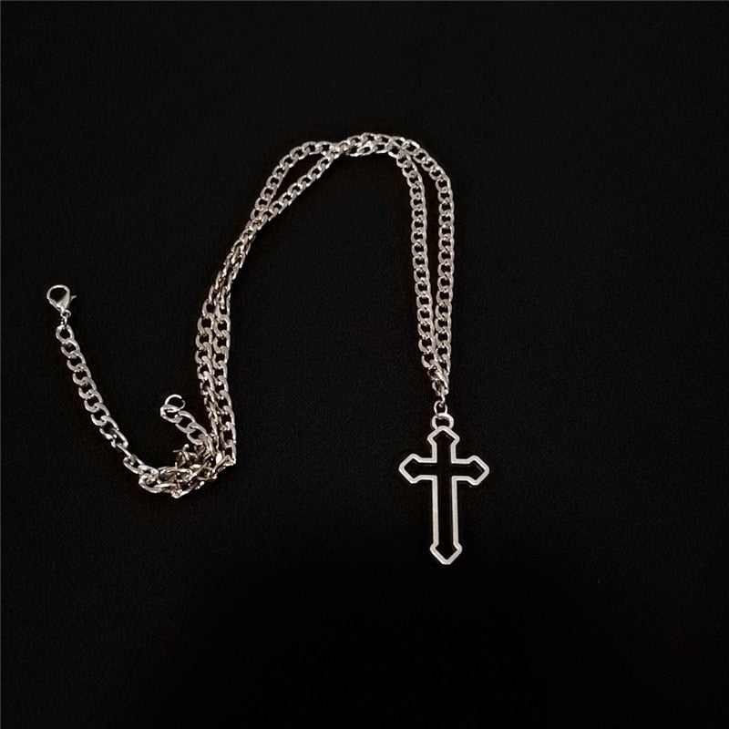 Vintage Gothic Hollow Cross Silver Pendant Necklaces Jewellery