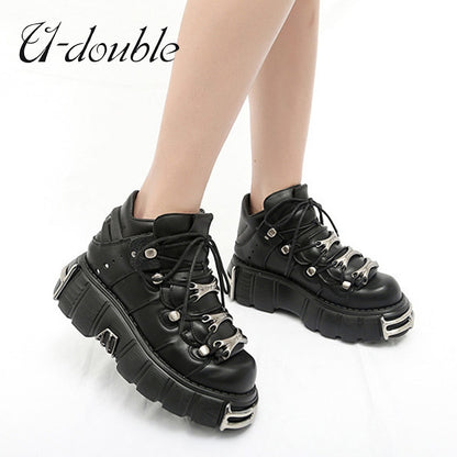 Harajuku Punk Style Women's Lace-up Heel Height 6CM Platform Shoes and Gothic Ankle Boots with Metal Decor Genuine Leather Shoes