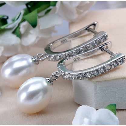 Freshwater White Real Pearl Zircon Drop Silver Earrings