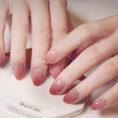 French Short False Nail Full Cover Crystal Elegant Pink Gradient Nails Ellipse Shape