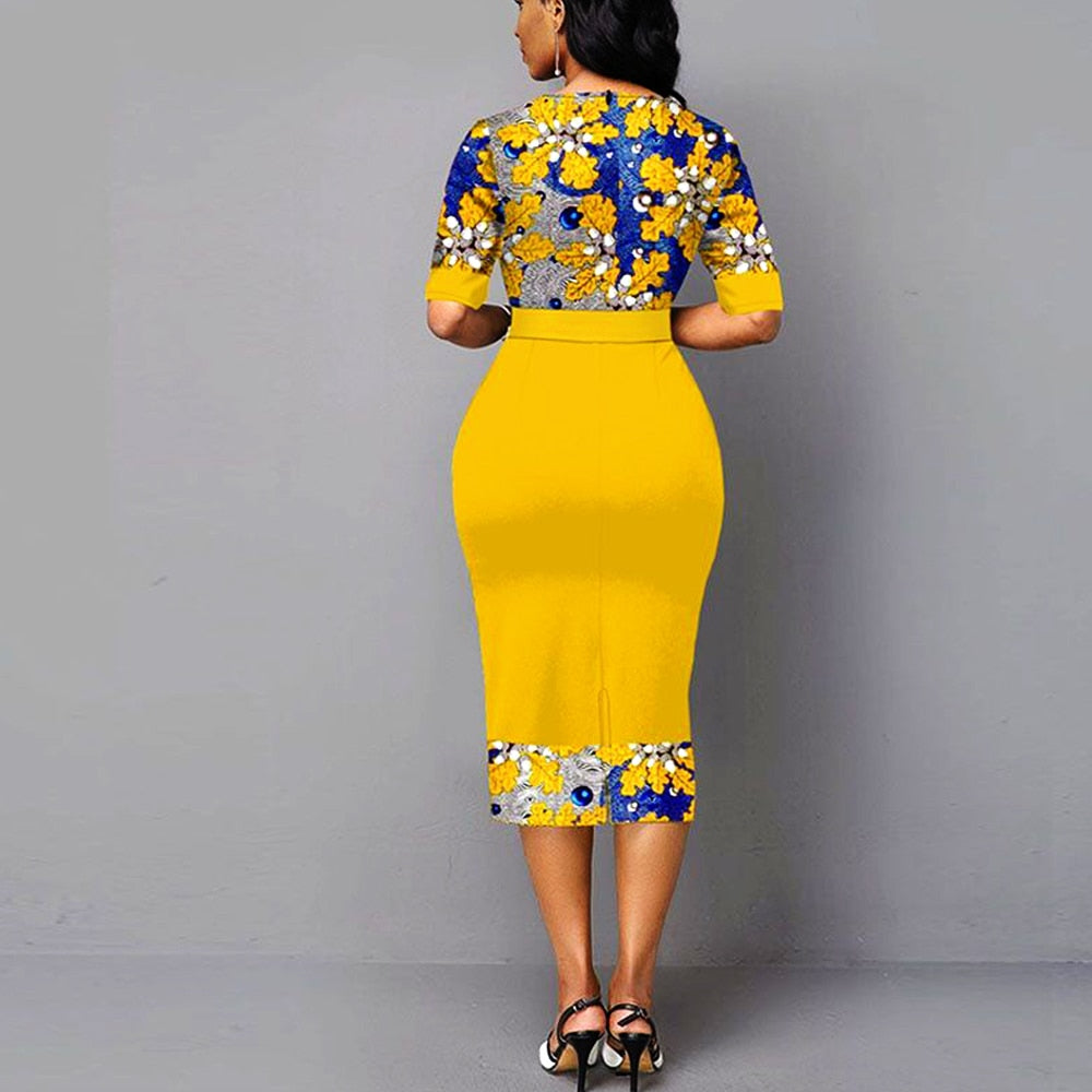 Summer Dress Yellow Elegant Floral Print Sexy Bodycon Dresses