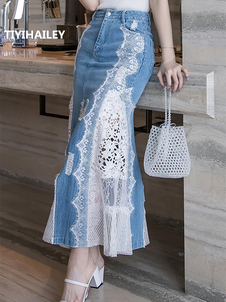 Spring Fashion Long Maxi Denim And Lace Fish Tail Skirt For Women S-2XL Mermaid Style High Waist Summer