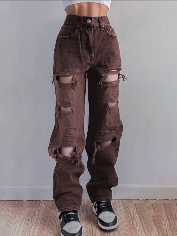 Trendy Streetwear Fashion Brown Blue Ripped Vintage Woman's Distressed Jeans High Waist Hole Hip Hop Straight Denim Trousers for Ladies