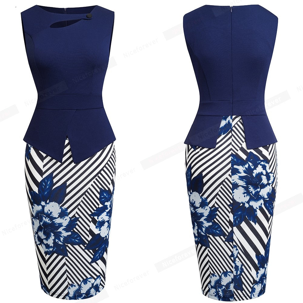 Floral Patchwork Zip Back Bodycon Summer Office Dress