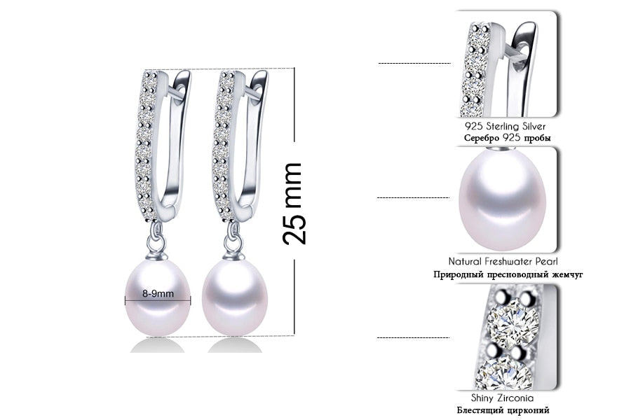 Freshwater White Real Pearl Zircon Drop Silver Earrings