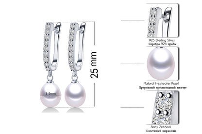 Freshwater White Real Pearl Zircon Drop Silver Earrings