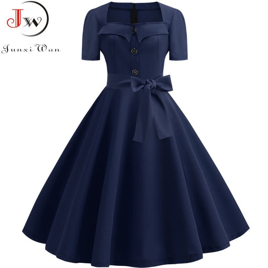 Women Square Collar Elegant Vintage Summer Dress Short Sleeve Rockabilly Pin Up Midi Dress Robe Femme Casual Office Party Dress