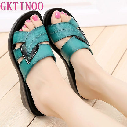 GKTINOO Women Slippers Shoes Genuine Leather Casual Slides Designer Platform Heel