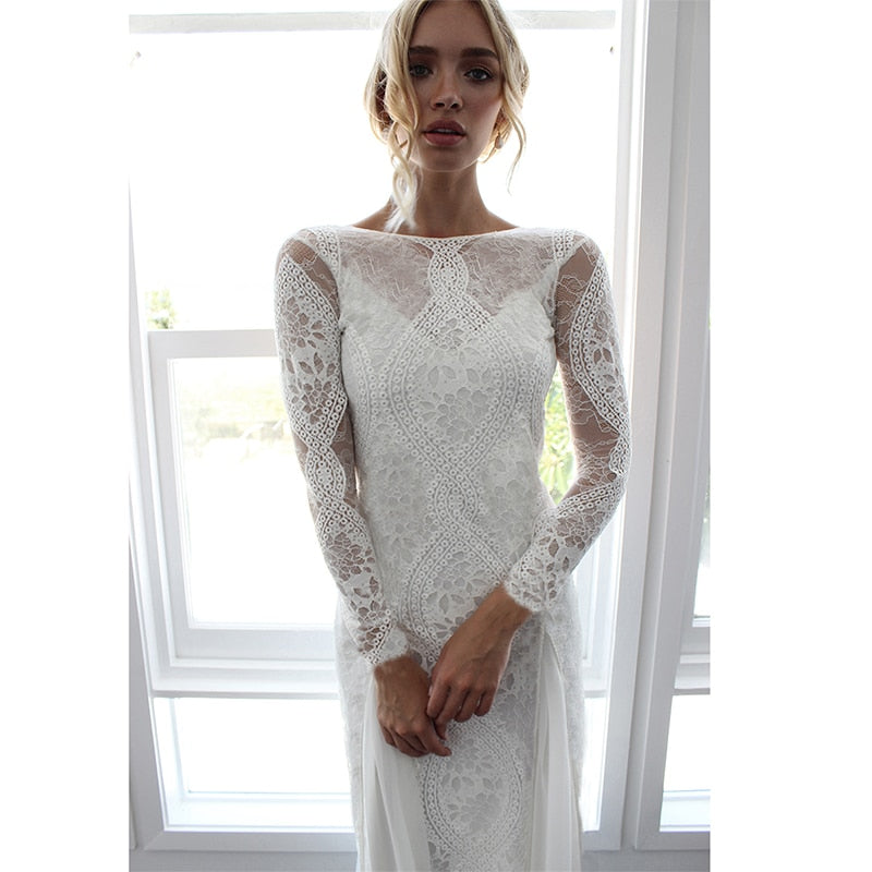 Sexy Backless White Lace Maxi Dress Long Sleeve Floor Length