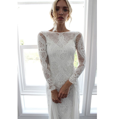 Sexy Backless White Lace Maxi Dress Long Sleeve Floor Length