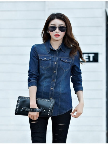 Jeans Shirt women Long Sleeve Slim Casual Vintage Elastic Ladies Denim Shirts Tops Blusas Feminina Woman Blouses and Tops 2023