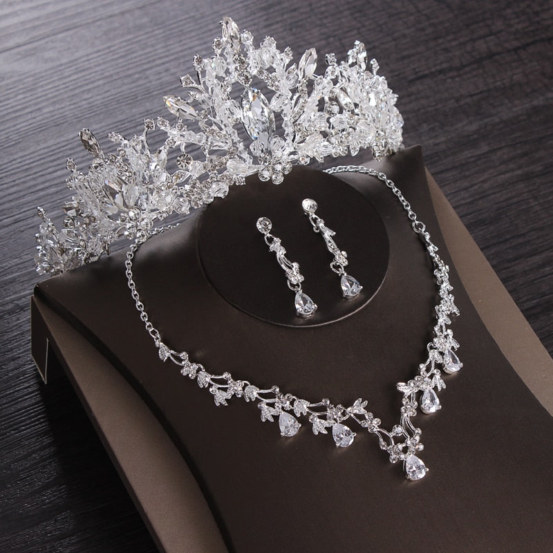 Luxury Heart Crystal Bridal Jewelry Sets Wedding Cubic Zircon Crown Tiaras Earring