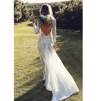 Sexy Backless White Lace Maxi Dress Long Sleeve Floor Length