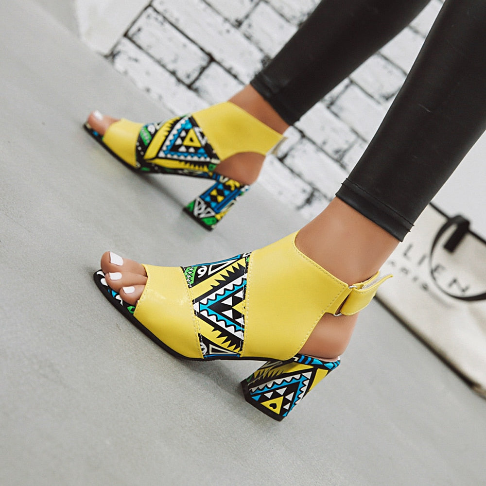 Women Stylish Print Sandals Boots Peep Toe Buckle Strap Summer High Heel Gladiator Shoes Woman Yellow Green sandalias mujer 2023