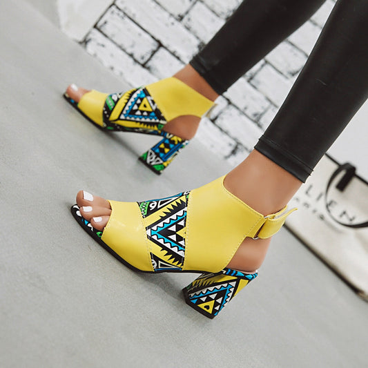 Women Stylish Print Sandals Boots Peep Toe Buckle Strap Summer High Heel Gladiator Shoes Woman Yellow Green sandalias mujer 2023