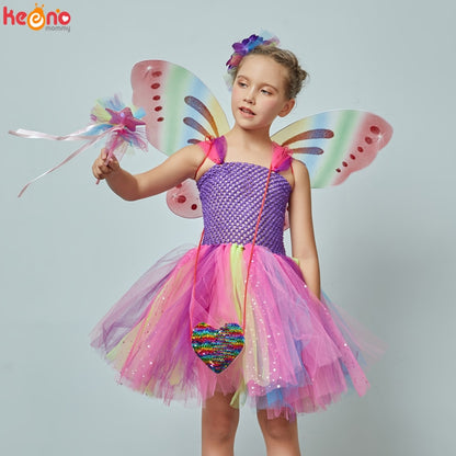 Girls Butterfly Fairy Fancy Tutu Dress Wings Costume Kids Princess Birthday Party