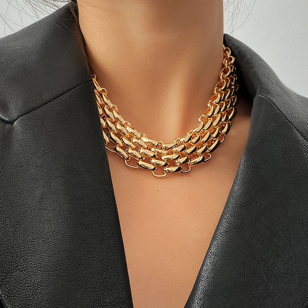 Punk Chunky Chain Choker Necklace for Women Hip Hop Gold Color Layered Collar Necklace Statement Fashion Jewelry